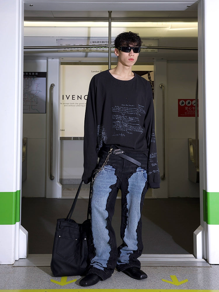 Deconstruction Patch Damage Washed Flare Denim Jeans WN21300