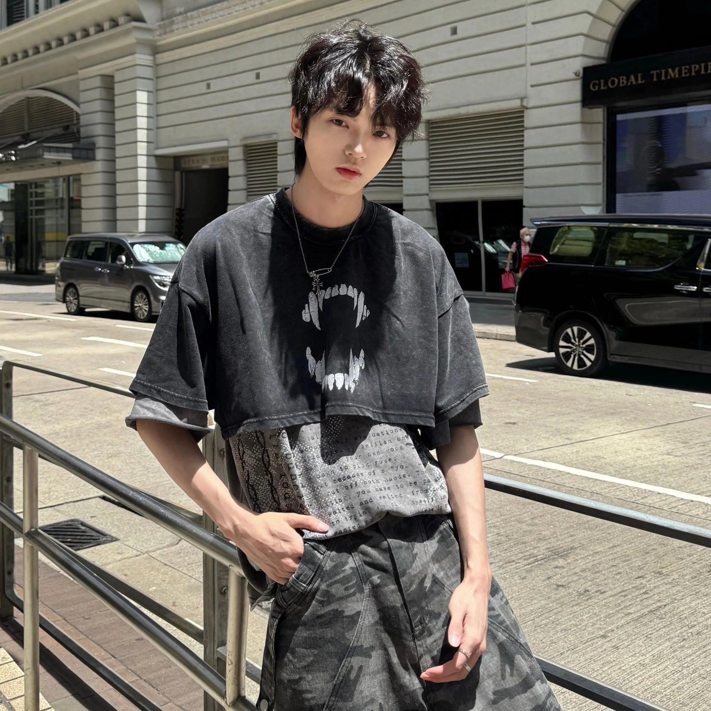 Fake Layered Letter Print Wash Oversize Short Sleeve T-Shirt WN20751