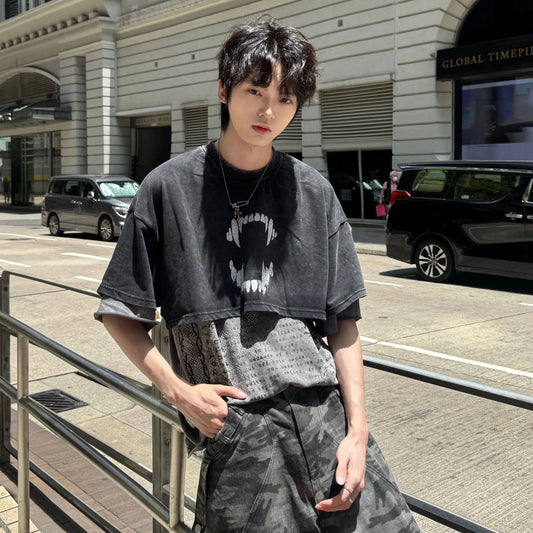 Fake Layered Letter Print Wash Oversize Short Sleeve T-Shirt WN20751