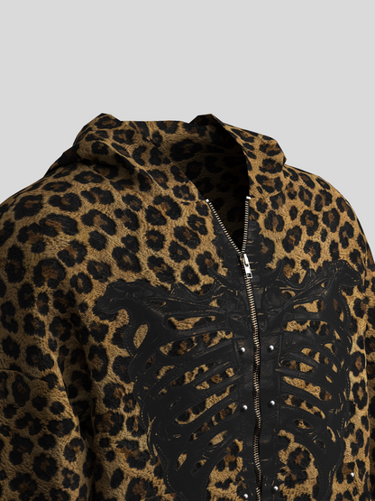 Leopard Print Skeleton Graphic Zipper Hoodie WN27096