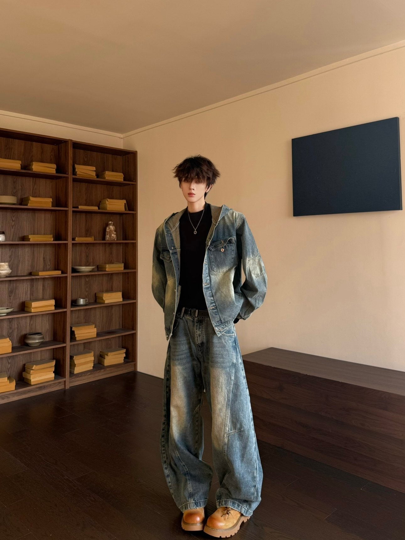 Washed Deconstructed Hooded Jacket & Curved Denim Jeans Setup WN23149