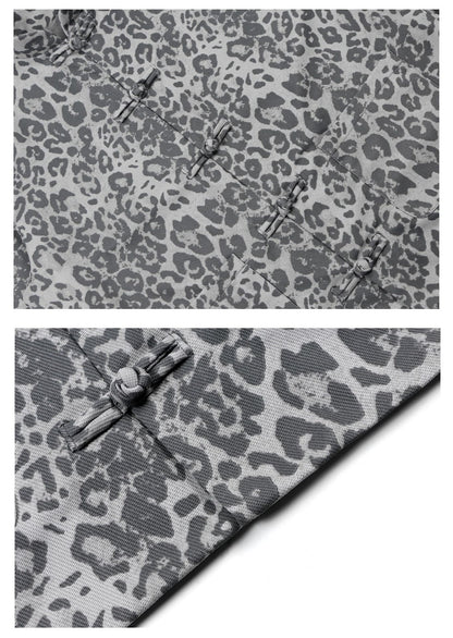 Leopard Print Frog Button Stand Neck Oversize Jacket WN26296