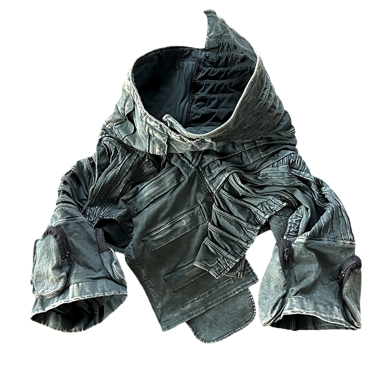 Asymmetric Pleats Deconstructed Washed Short Jacket WN21974