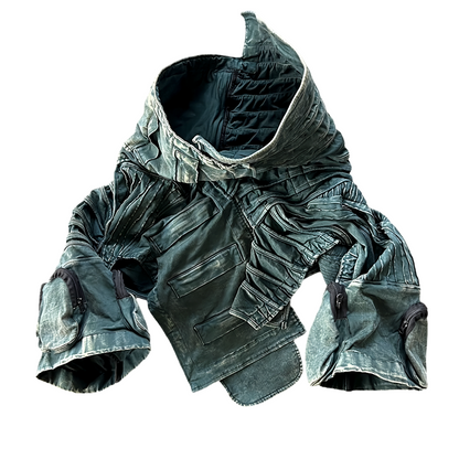 Asymmetric Pleats Deconstructed Washed Short Jacket WN21974