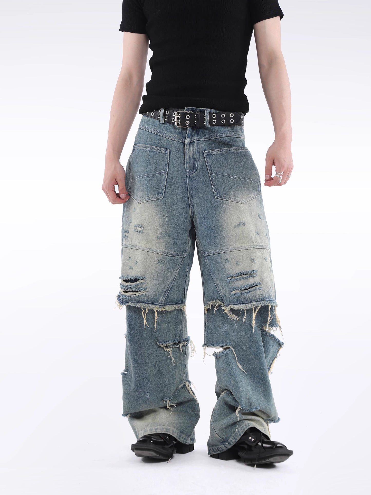 Fringe Damage Wide Leg Denim Jeans WN20638