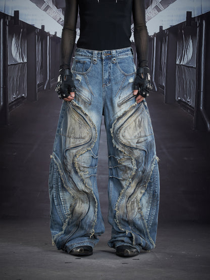 Extra Long Zipper Wash Damage Fringe Barrel Denim Jeans WN22863