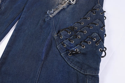 Heavyweight Washed Deconstructed Wide Leg Denim Jeans WN25745