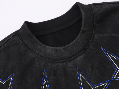 Star Rhinestone Dirty Dye Washed Short Sleeve T-Shirt WN25621