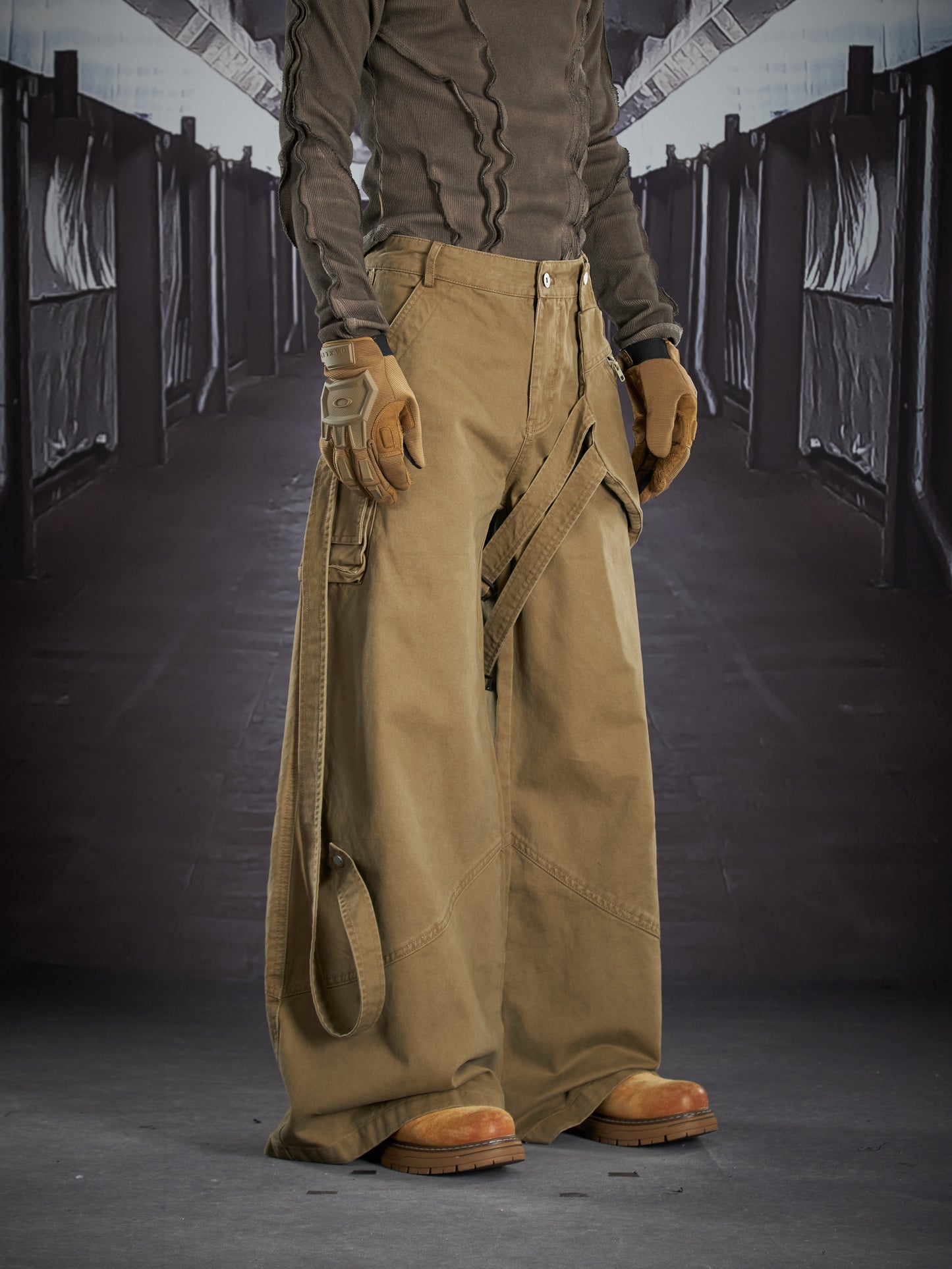 Detachable Hip Bag Ribbon Patchwork Multi Pocket Straight Cargo Pants WN22915