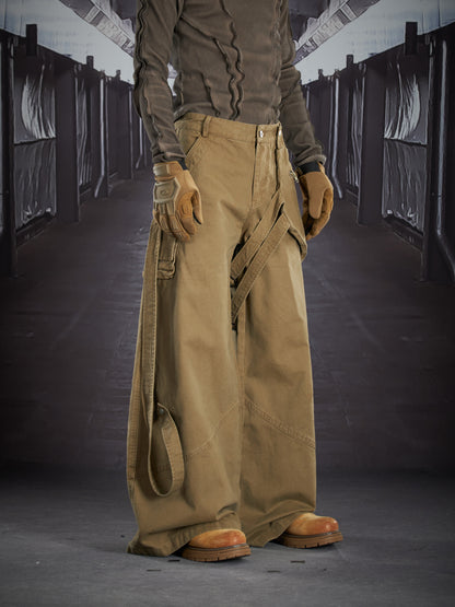 Detachable Hip Bag Ribbon Patchwork Multi Pocket Straight Cargo Pants WN22915