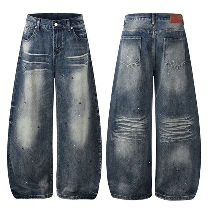 Washed Paint Rhinestone Wide Leg Curved Denim Jeans WN25876