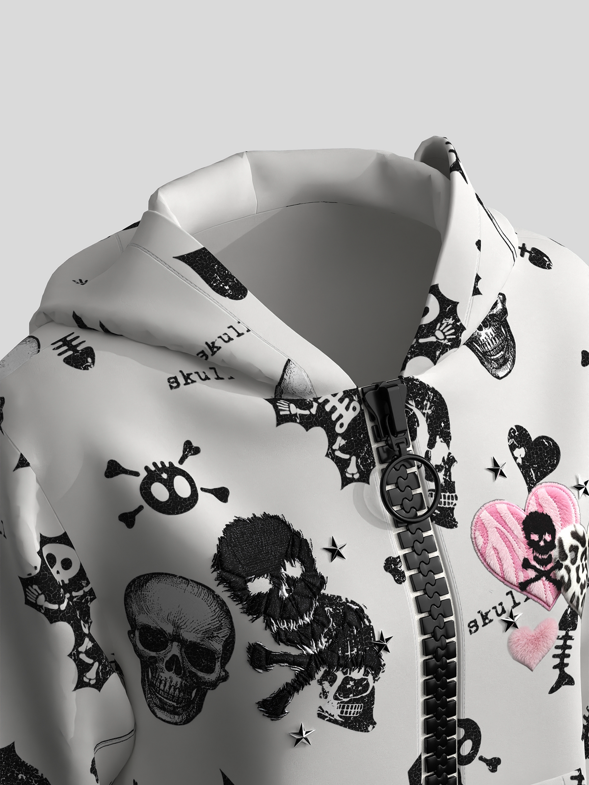 Skull Heart Graphic Cropped Zipper Hoodie WN27106
