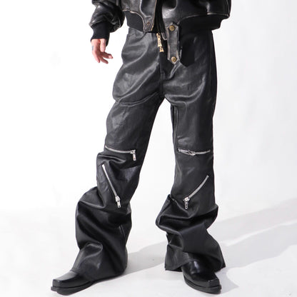 PU Leather Multi Zipper Wide Leg Pants WN24046