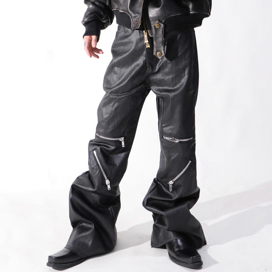 PU Leather Multi Zipper Wide Leg Pants WN24046