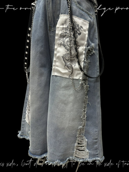 Patchwork Design Wide Leg Denim Half Jeans & Belt & Chain WN20112