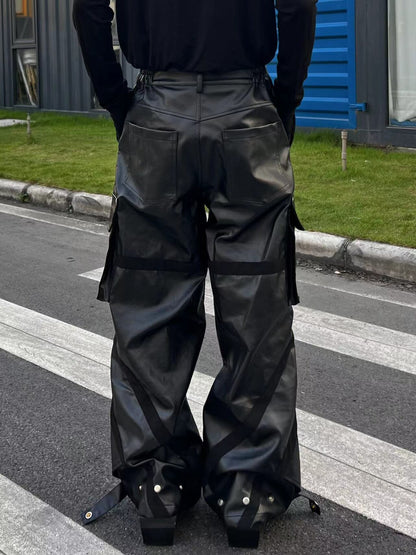 PU Leather Multi Pocket Wide Leg Cargo Pants WN24050