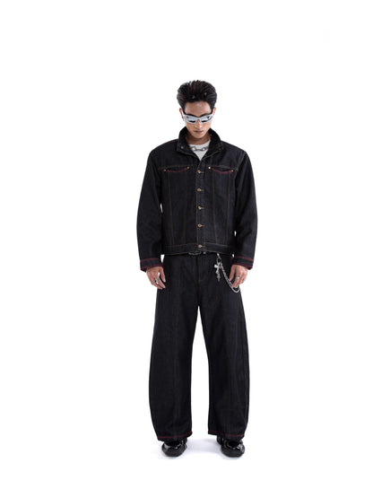 Standing-Collar Washed Denim Jacket & Denim Jeans Setup WN20655