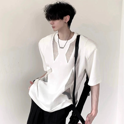 Mesh Patchwork Shoulder-pad Oversize Short Sleeve T-Shirt WN20340