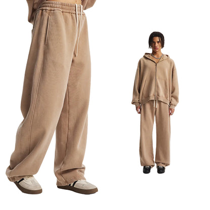 Fleece Lining Zip-Up Wax Dye Zipper Hoodie & Wide Leg Pants Sweatpants WN23112