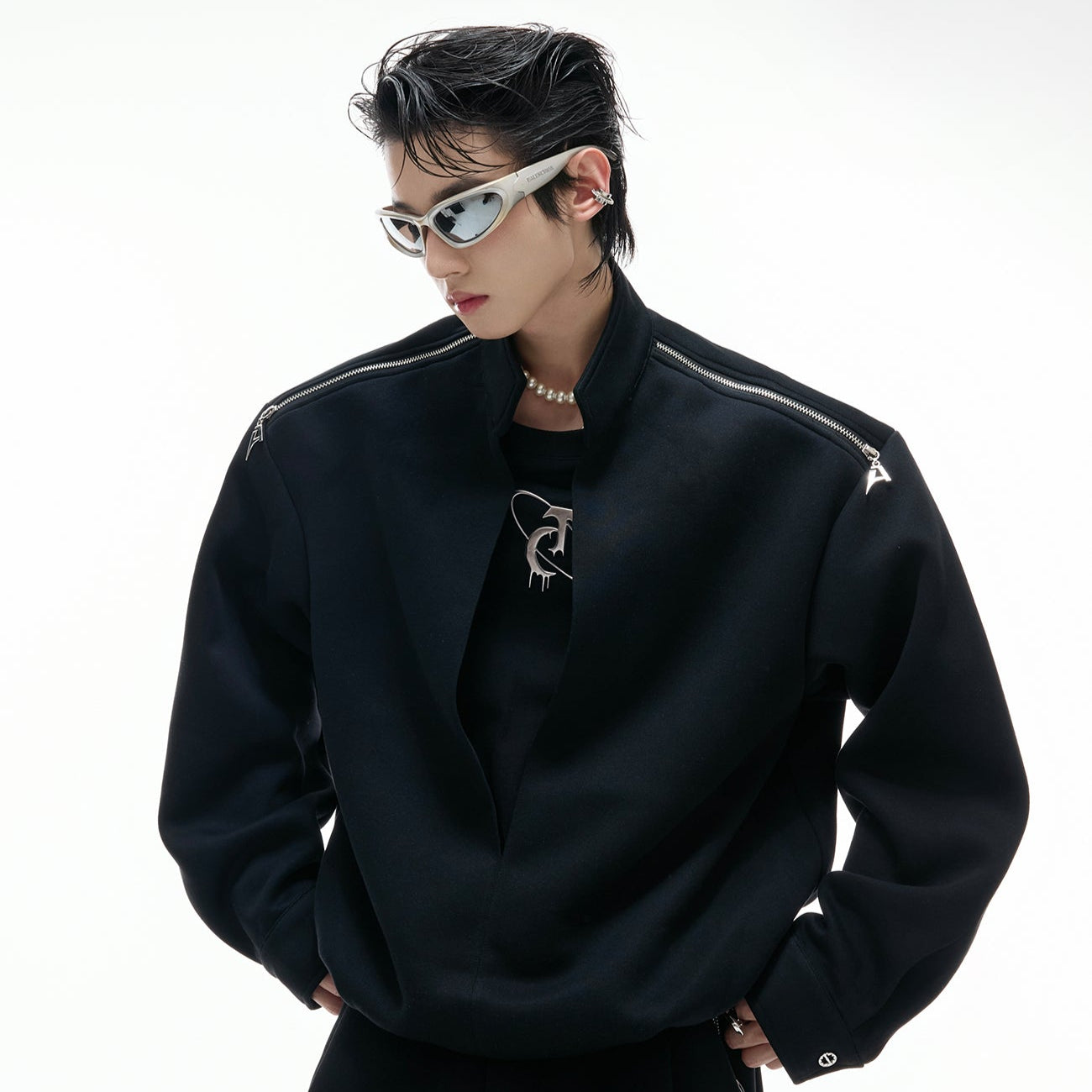 Fake Layered Zipper Design Sweatshirt & Wide Leg Sweatpants Setup WN20542