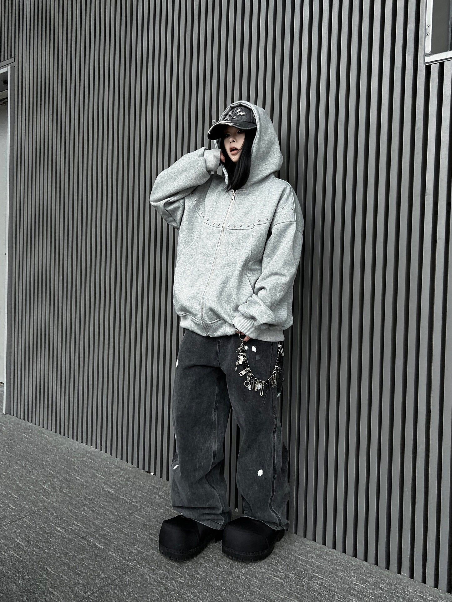 Studs Detail Oversize Zipper Hoodie WN24179