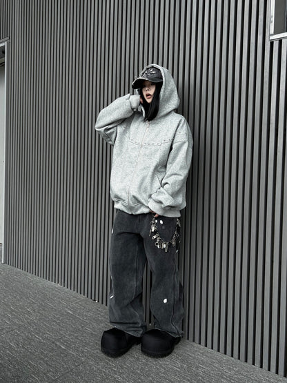 Studs Detail Oversize Zipper Hoodie WN24179