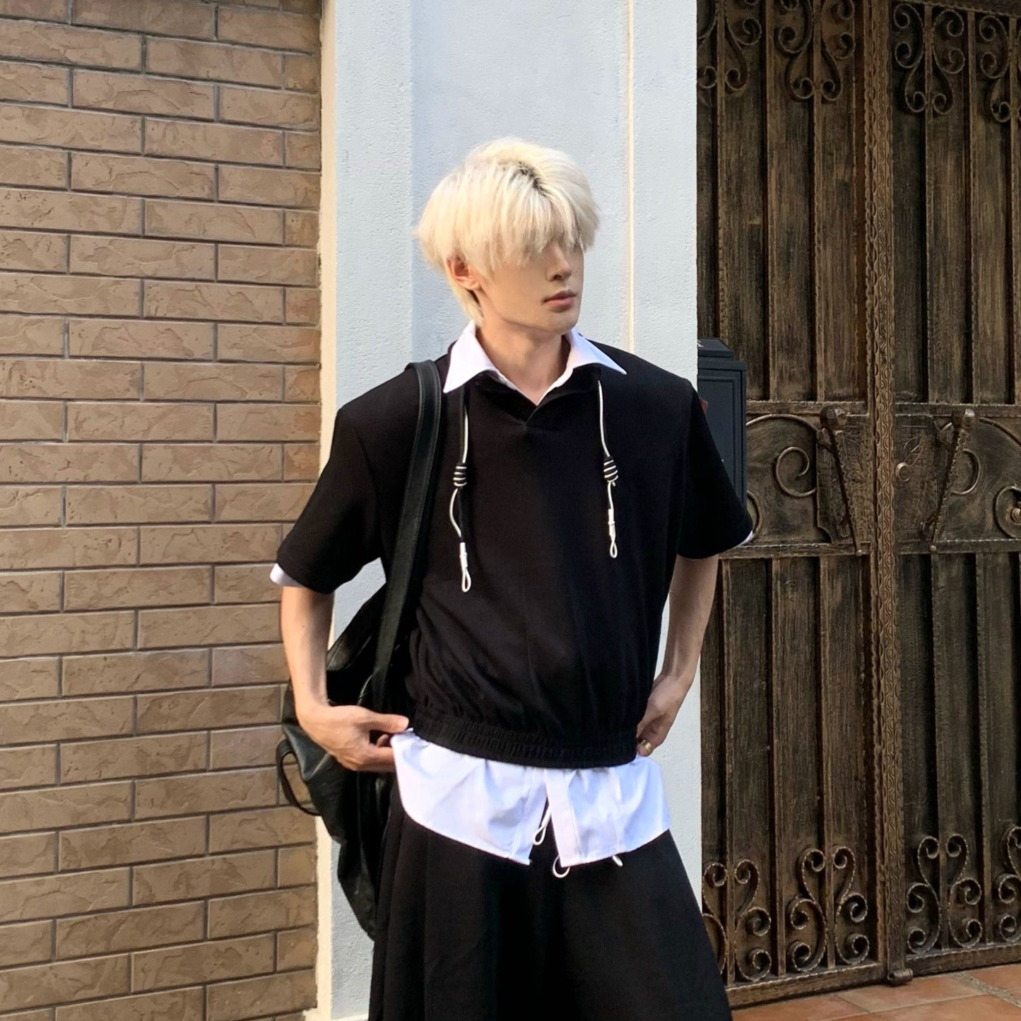 Drawstring Short Sleeve Polo shirt & Straight Leg Pants Setup WN19876