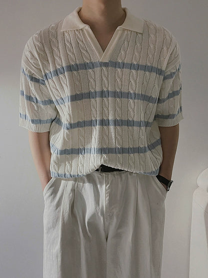 Cable Striped Collar Short Sleeve Knit Polo Shirt WN20302