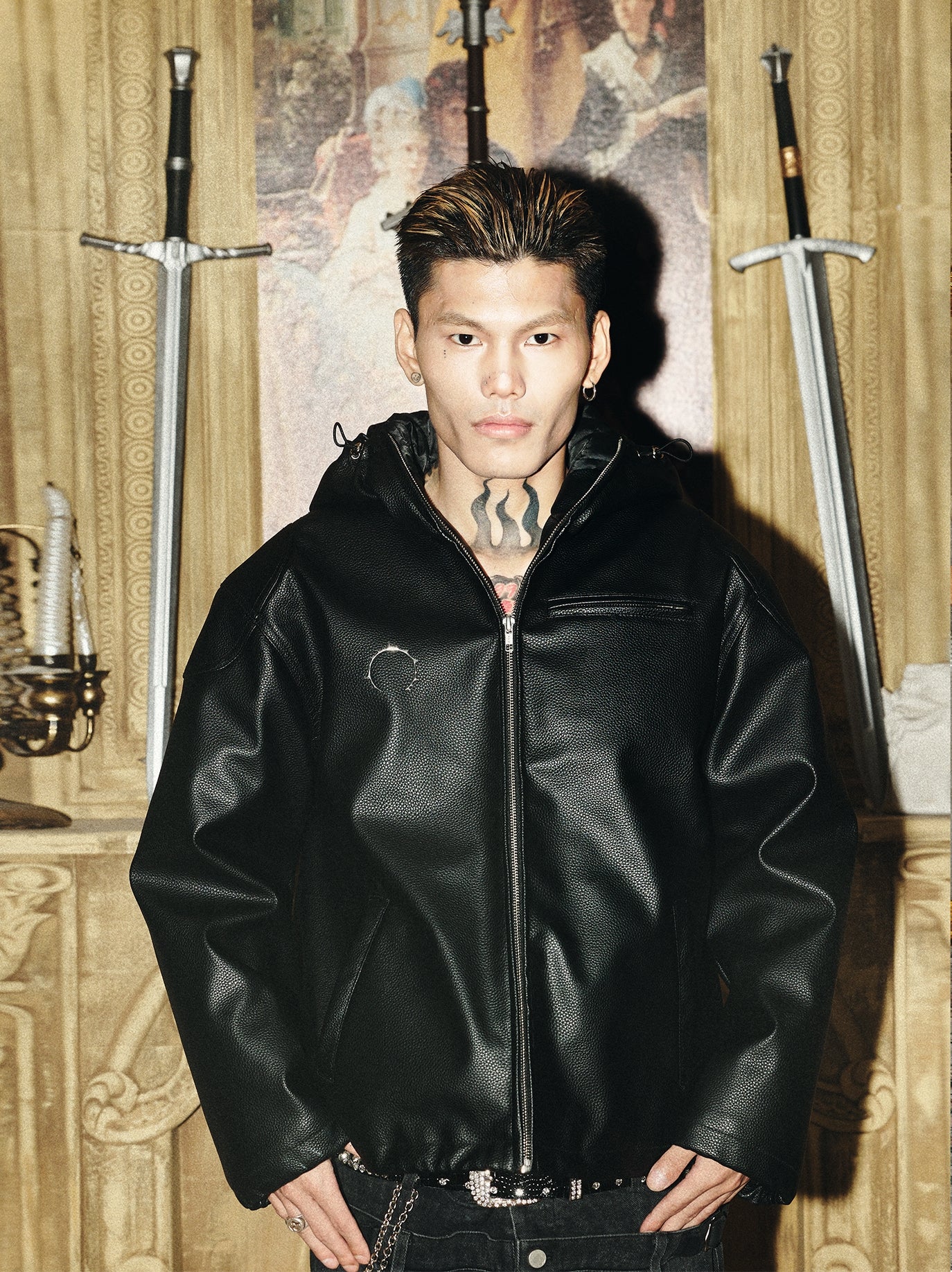 Back Graphic Design Hooded PU Leather Jacket WN15855