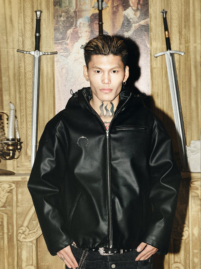 Back Graphic Design Hooded PU Leather Jacket WN15855