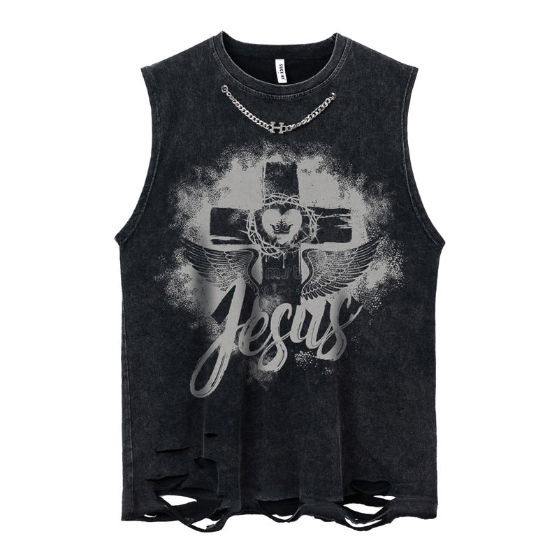 Wide Shoulder Cross & Heart Print Damage Tank Top WN16514