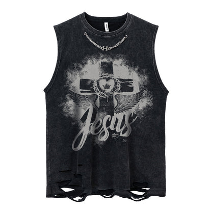 Wide Shoulder Cross & Heart Print Damage Tank Top WN16514