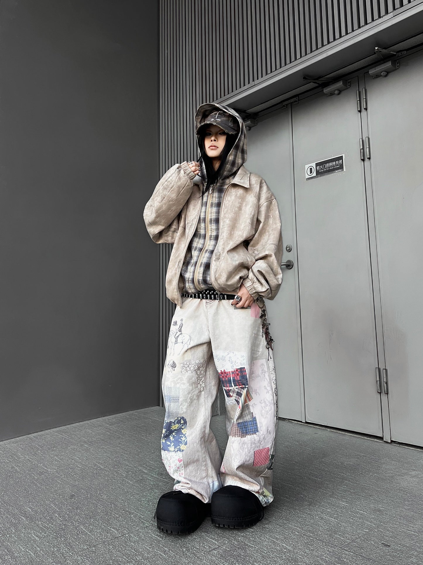 3D Digital Print Mixed Fabric Wide Leg Denim Jeans WN24175