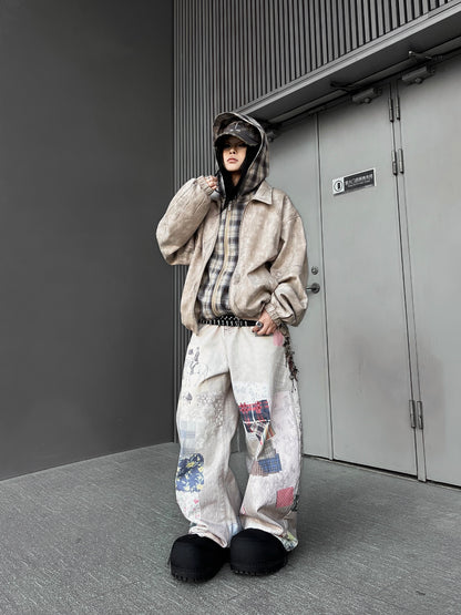 3D Digital Print Mixed Fabric Wide Leg Denim Jeans WN24175