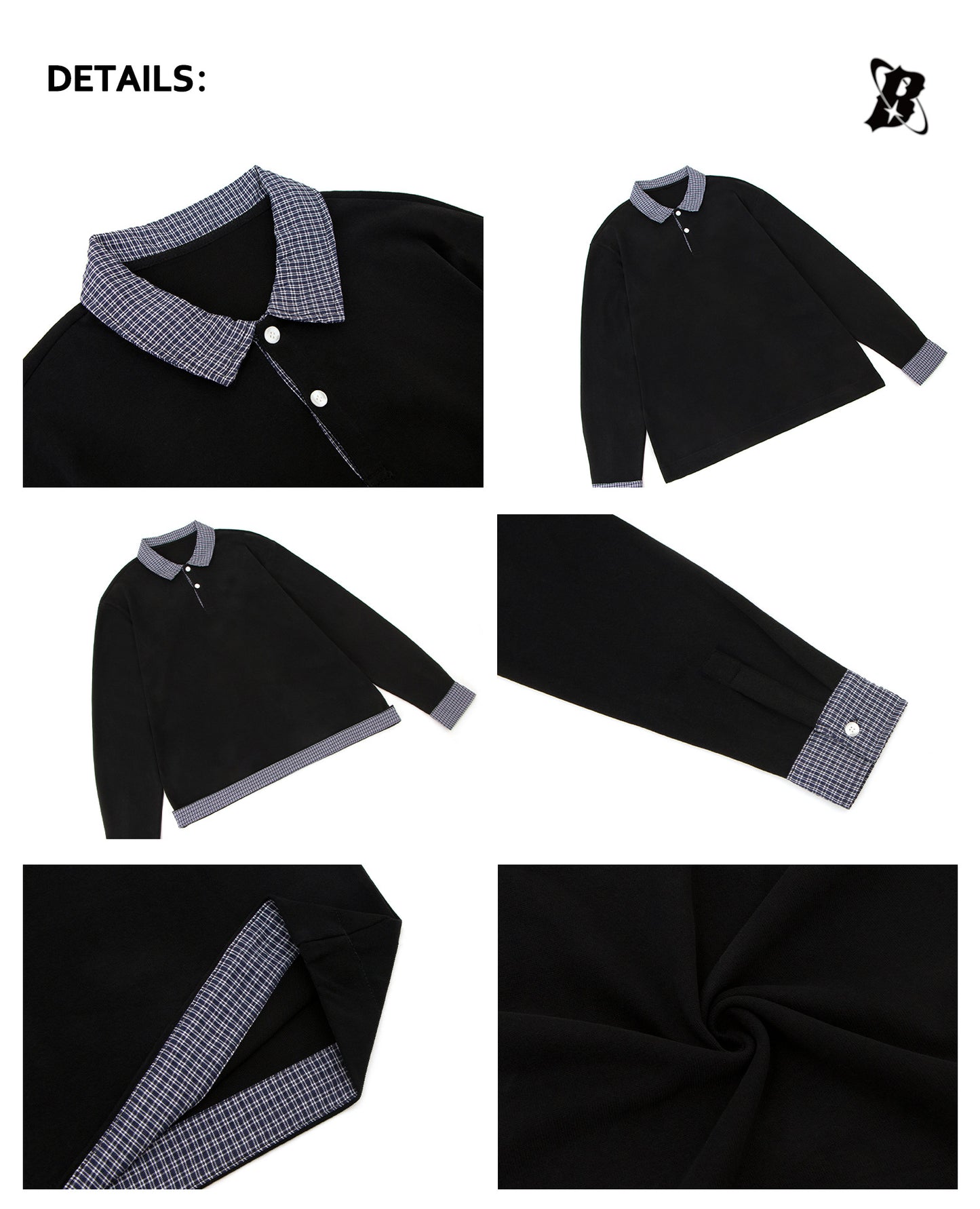 Heavyweight Plaid Fake Layered Polo-Collar Boxy Long Sleeve T-Shirt WN26323