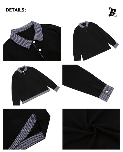 Heavyweight Plaid Fake Layered Polo-Collar Boxy Long Sleeve T-Shirt WN26323