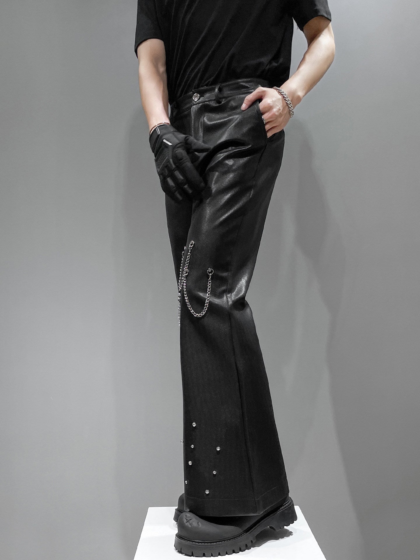 Metal Chain Rhinestone Bead Flare Wide Leg Pants WN23930