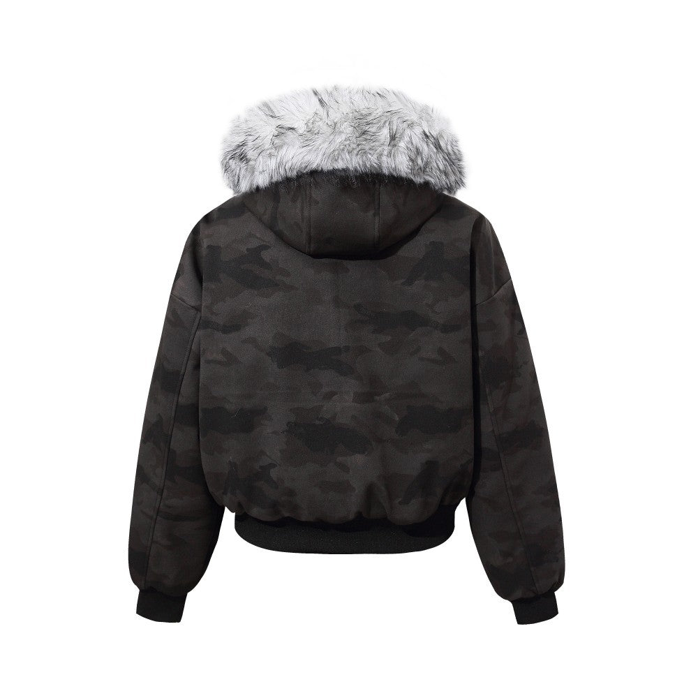 Camouflage Fake Fur Collar Multi-Zipper Short Puffer Jacket WN27891