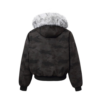 Camouflage Fake Fur Collar Multi-Zipper Short Puffer Jacket WN27891