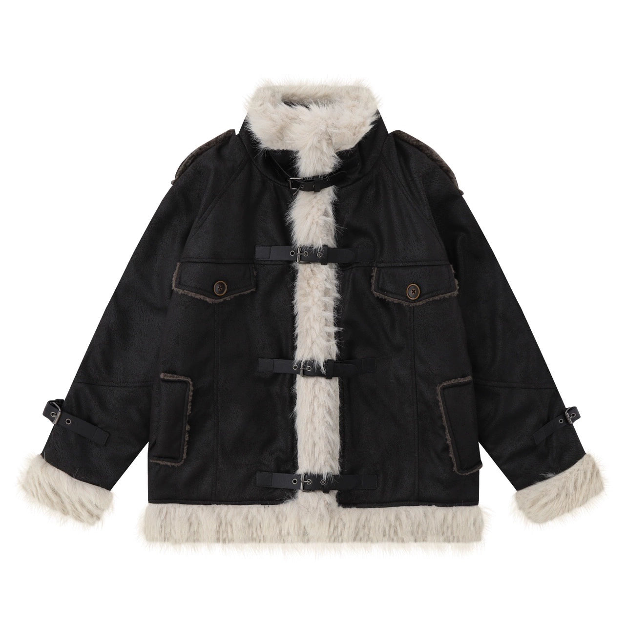 Fake Fur Neck PU Leather Quilting Jacket WN10908