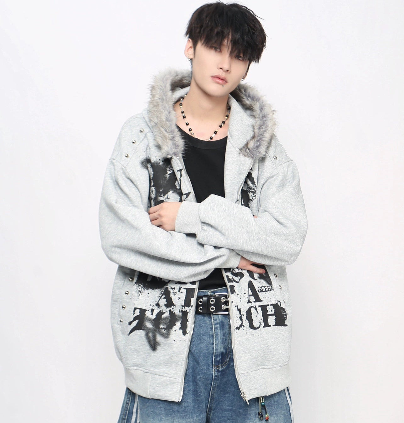 Graffiti Print Fake Fur Collar Zipper Hoodie WN21026