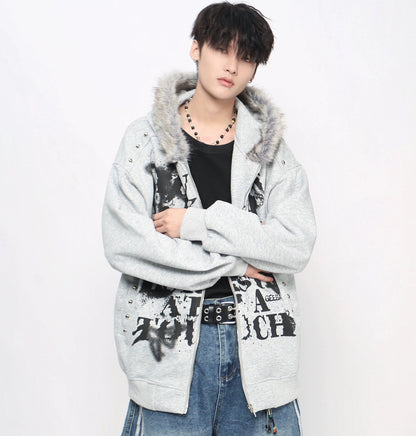 Graffiti Print Fake Fur Collar Zipper Hoodie WN21026