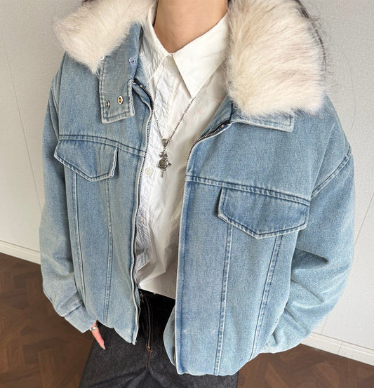 Furry Collar Denim PU Leather Jacket WN21928