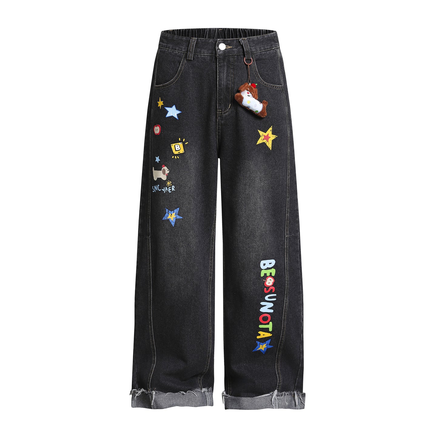 Cartoon Embroidery Wide Leg Denim Jeans WN26969
