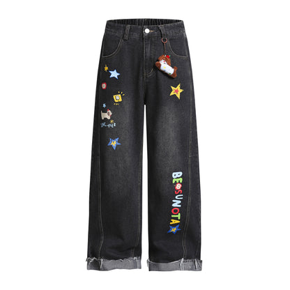 Cartoon Embroidery Wide Leg Denim Jeans WN26969