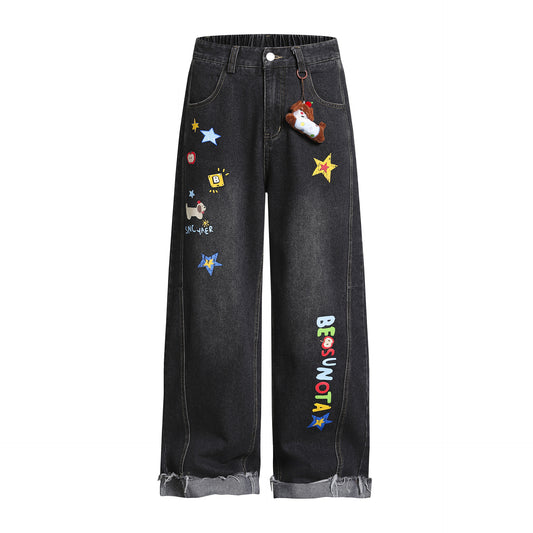 Cartoon Embroidery Wide Leg Denim Jeans WN26969