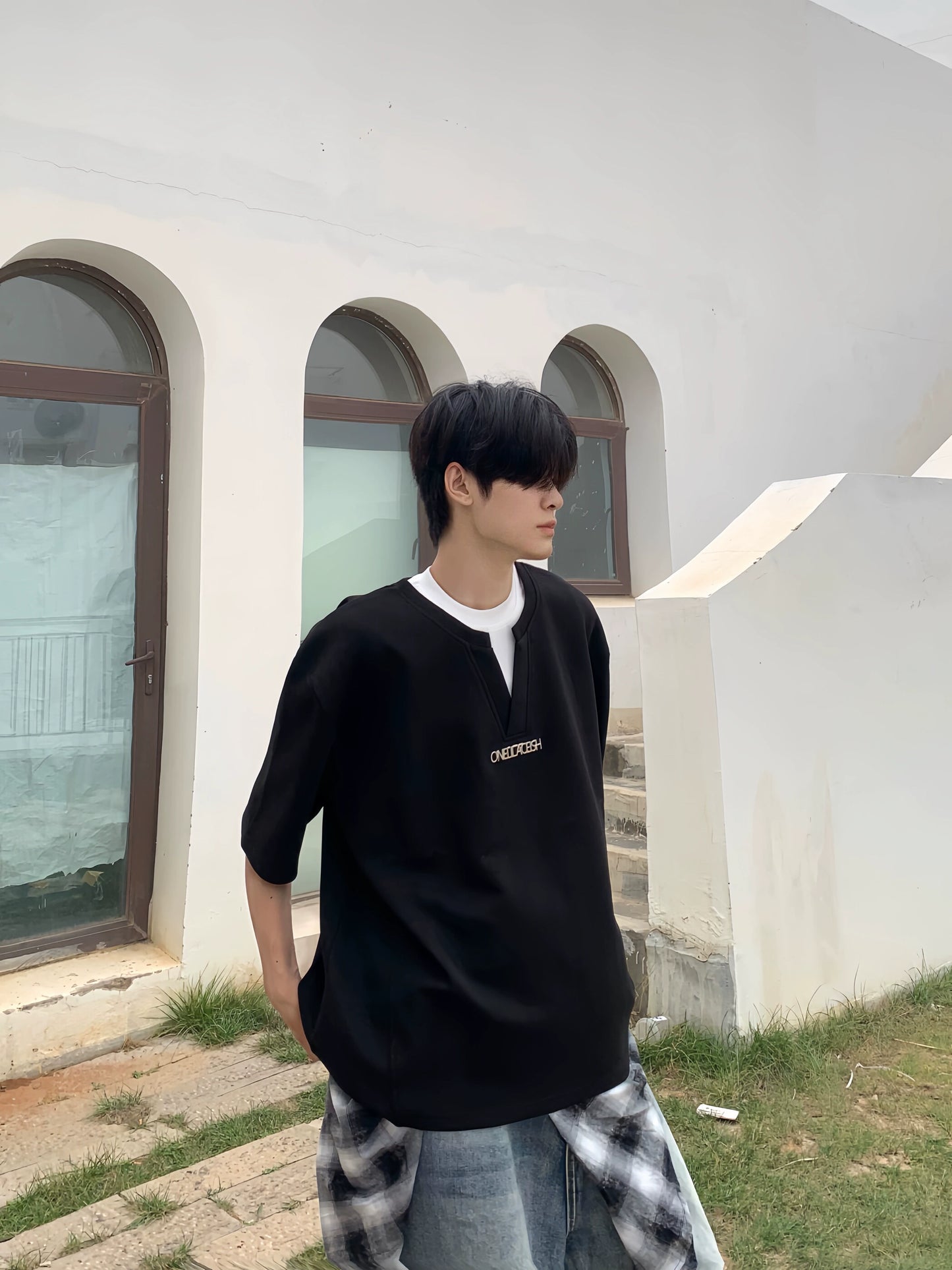 Fake Layered Heavyweight Oversize Short Sleeve T-Shirt WN19915