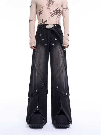 Wash Metal Zipper Design Wide Leg Denim Jeans WN8077