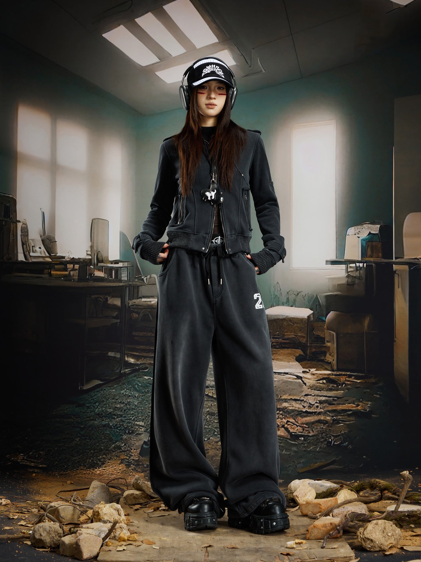 Washed Stand Neck Rivet Fleece Lining Jacket WN22761