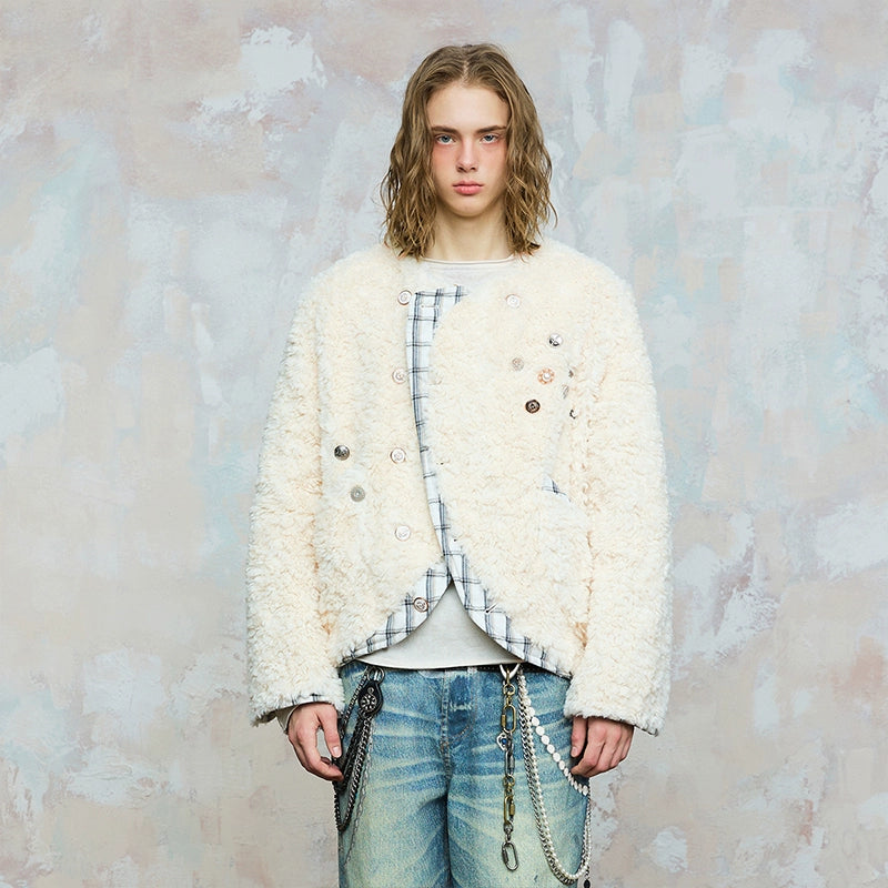 Tweed Plaid Lining Patchwork Fleece Decorated Button Jacket WN17839